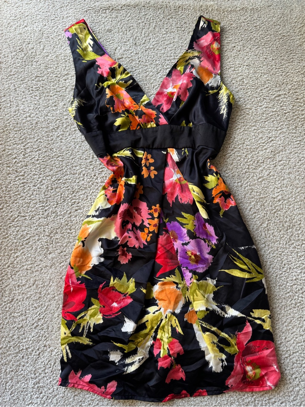 Vintage XXI 2000s y2k Black Floral V-Neck Midi Dress with Pink, Orange & Purple